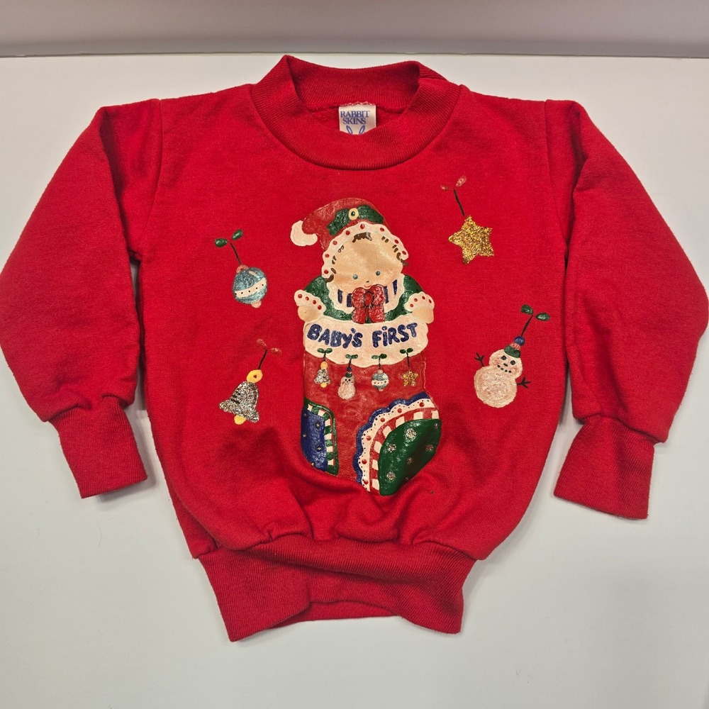 Rabbit Skins Vintage Baby's First Christmas Sweatshirt Holiday Red Size 2